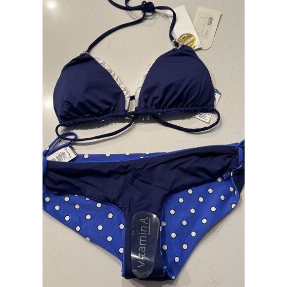 Vitamin A Rio Reversible Bikini Top Bottom Blue Polka Dot 2 Piece Set Retro NEW - Picture 6 of 10
